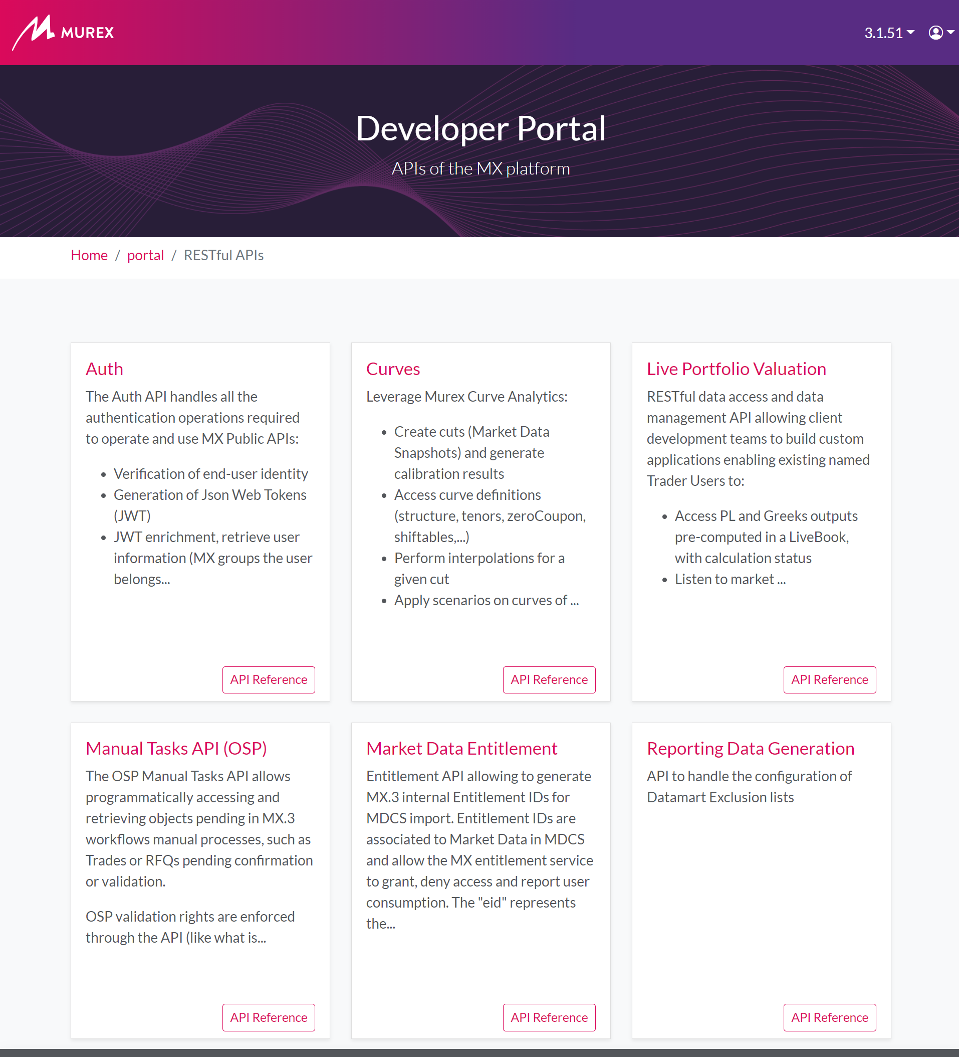 Developer portal, APIs of the MX platform